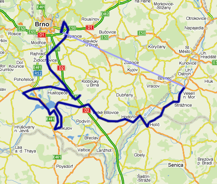 Mapa cyklotrasy po jižní Moravě
