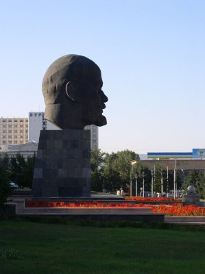 Monument Lenin head in Ulan-Ude watchs the life on square of Soviets since early morning