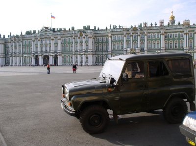Saint Petersburg, Ermitaz with russian army terain car